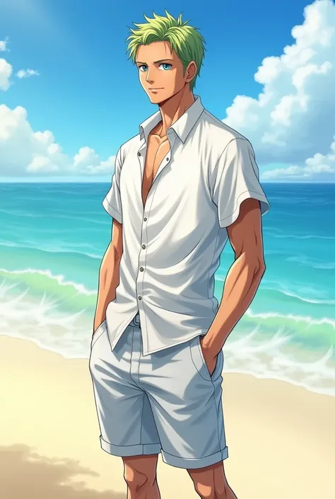 anime guy in white shirt and shorts standing on the beach, an anime drawing inspired by Eiichiro Oda, trending on pixiv, handsome anime pose, male anime character, anime handsome man, eiichiro oda style, handsome guy in demon slayer art, anime character, o...