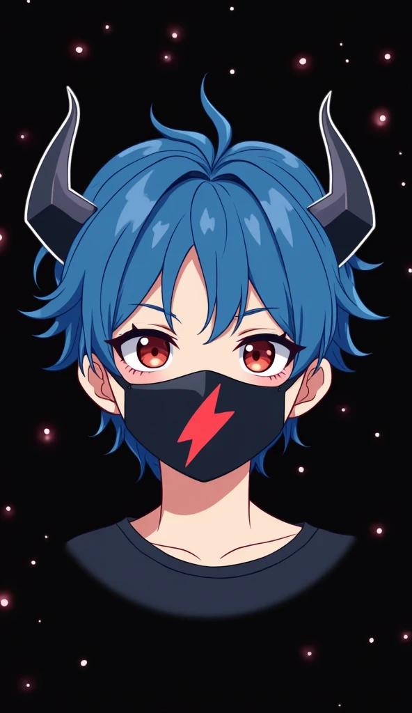 A boy. The image is a digital illustration of a persons face. The boy has wear a black color mask. In the middle of the mask have a lighting bolt logo and the logo is big with width. The person has blue hair that is styled with two large, pointed vampire e...