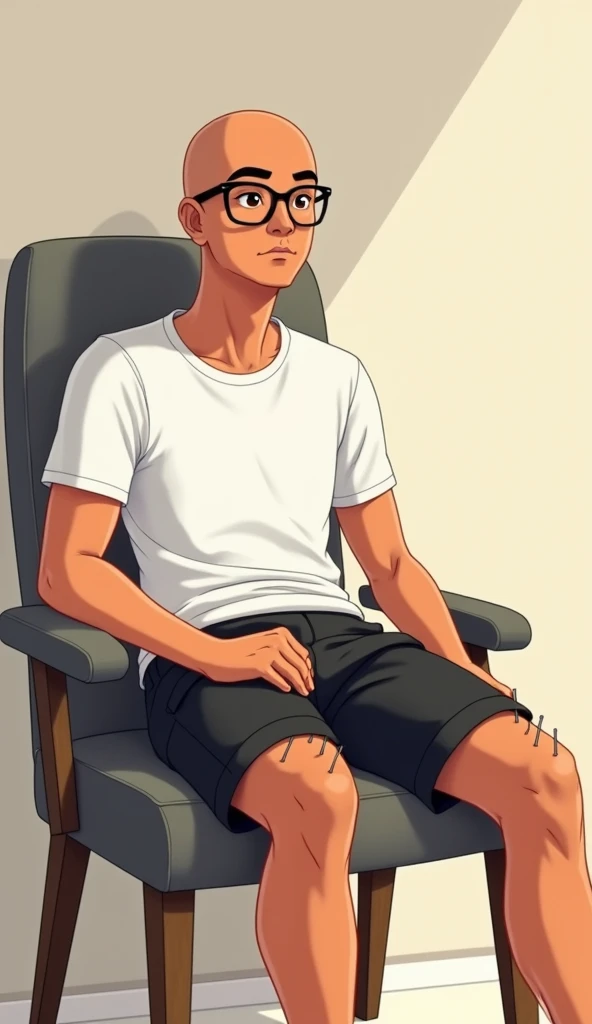 Anime, Indonesian young guy, tan skin, bald, eye glasses, wearing white t-shirt paired with black cargo short. "Illustration of a character sitting relaxed while doing acupuncture therapy, sitting on a chair with small needles at several points on the leg,...