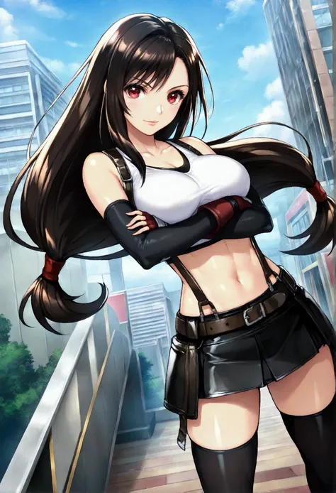 (gunbuster pose.crossed arms),perfect composition,(mediumshot:1),looking_at_viewer ,1girl, tifa lockhart, final fantasy,(beautiful woman:1.2).make up,lips,black hair, low-tied long hair, red eyes, bangs, white tank top,(short tank top:1.2), belt, pleated s...