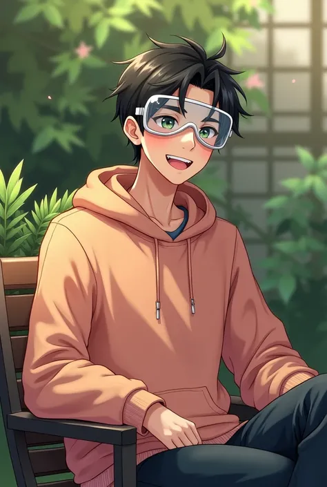 A assassin type handsome boy sitting in a garden seat with a glad smile on his face wearing peach colour hoodie with a transperant no border round  goggles from side angle realism