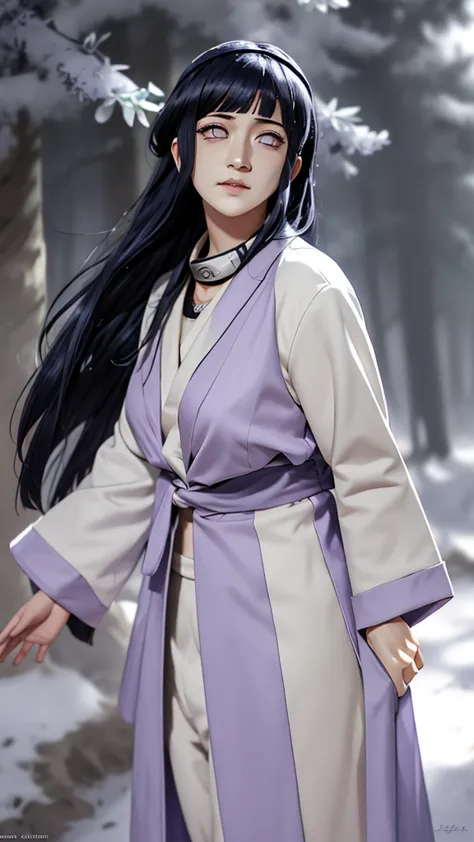 an ultra realistic depiction of hinata hyuga from the naruto series, featuring her distinct lavender-toned eyes with a soft glow...