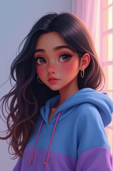 Create digital portrait of a chubby, hispanic Woman she has brown eyes. Has long, black, wavy hair,and brown ombre on the tips of her hair. She wears a blue and purple hoodie. Gazing softly at the viewer, with a pastel gradient background