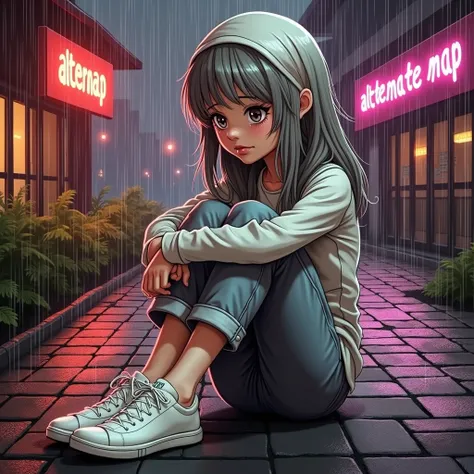  The picture depicts a young woman wearing hijab sitting alone in the rain,  looking heartbroken .  The scene is set in a dimly lit outdoor environment ,  with the heavy rain creating a somber atmosphere .  The woman was dressed in casual clothes ,  Her lo...