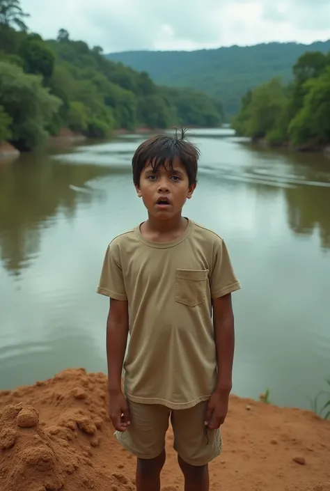 Real photo of an eleven-year-old boy from Trigueño with a frightened face wearing shorts and beige t-shirt from the state of Guarico standing on top of a dirt hill and behind him you can see a bay of a tropical river 