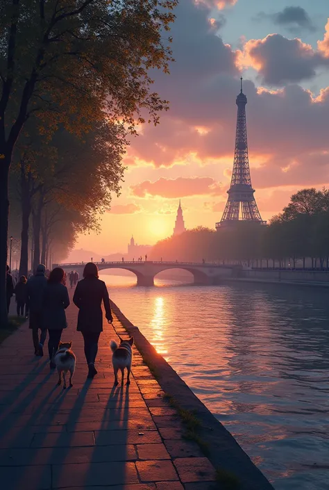 Paris between dog and wolf near the Seine, avec des gens qui sourient et sont heureux 