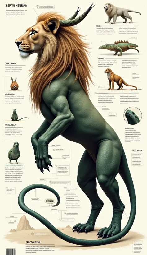 Ultimate evolution hybrid animal, in infographic data, unusual of Lion reptile , beautiful creature, intricate proprtional fusion body parts