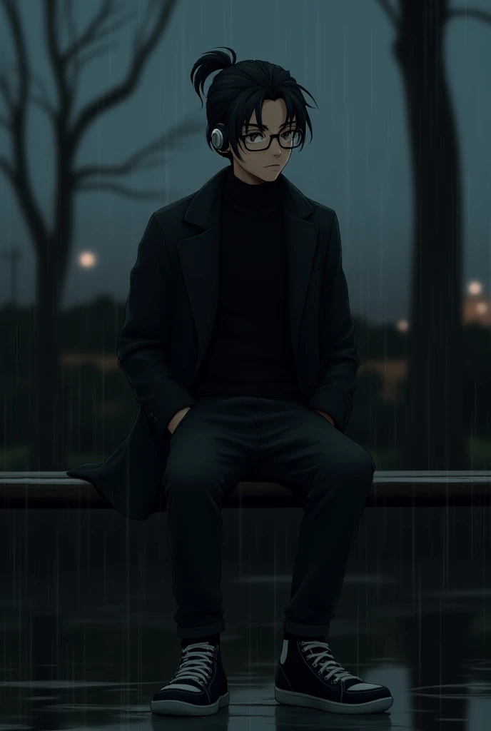 1 guy, thin, dark hair in a ponytail, stubble, brown eyes, glasses, trousers, black turtleneck, unbuttoned black coat, sneakers, bored face, sitting on a bench in the evening in the park, rain, dark colors, night, detailed face, in headphones, hands in poc...