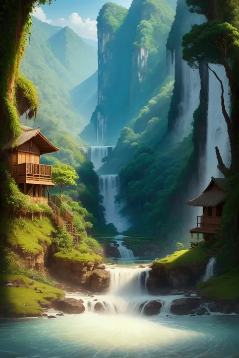 A vividly detailed fotorealistik image of a serene tropical landscape unfolds before the viewer: winding roads lined with lush trees, a rustic wooden cottage nestled amidst sprawling rice fields, a meandering river flowing through verdant mountains, and a ...