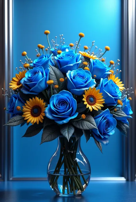 Sky blue metallic bouquet of roses ,  with a metallic white border that highlights , Add some metallic yellow sunflowers 