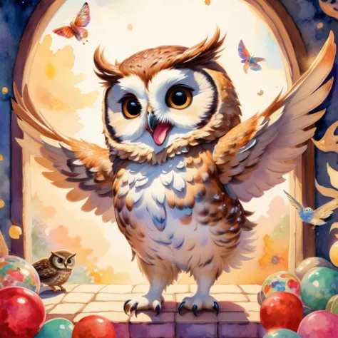 ((Playing Owl )),dance, raises her hand,Jump, open your mouth,indoor,masterpiece, best quality, Fluffy Owl ,little,cute,Futebuteshi,fun,happiness,,Refined Scenery ,Glitter Effect,celebration, anatomically accurate ,all the best,最高にcuteフクロウ,cuteフクロウ，, fanta...