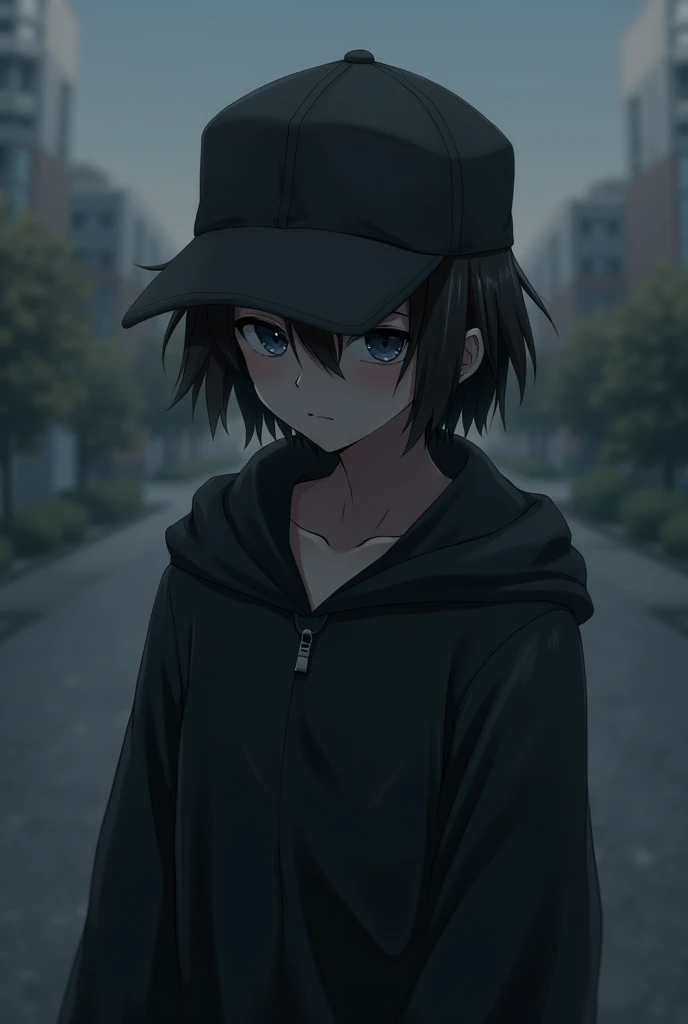 Sad black anime with cap
