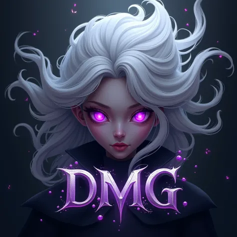 a detailed logo for a game team, a witch with purple eyes and white scattered hair, text "DMG" in the image, photorealistic, 4k, highly detailed, cinematic lighting, fantasy art style, intricate design, dramatic colors, otherworldly atmosphere, dark and my...