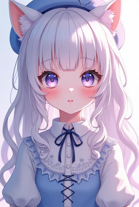 1 cute girl with cat ear and cat tail, ligne claire, contour deepening beautiful detailed glow, by famous artist, Close-up of girl, Girls Front, head tilt, long white hair, curly hair, Air bangs, Grey hair, beautiful detailed hair, Beautiful face, ^ ^, lov...