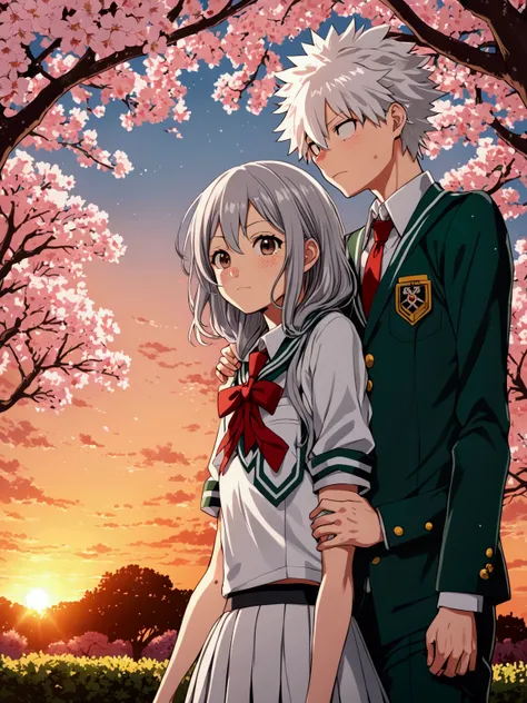 Grey haired girl,  her skin is white with small freckles ,  his hair is short and wavy ,  Your body is slim and is embracing Bakugou Katsuki from Boku No Hero Academia both wearing school uniforms, while they are under cherry trees at sunset  