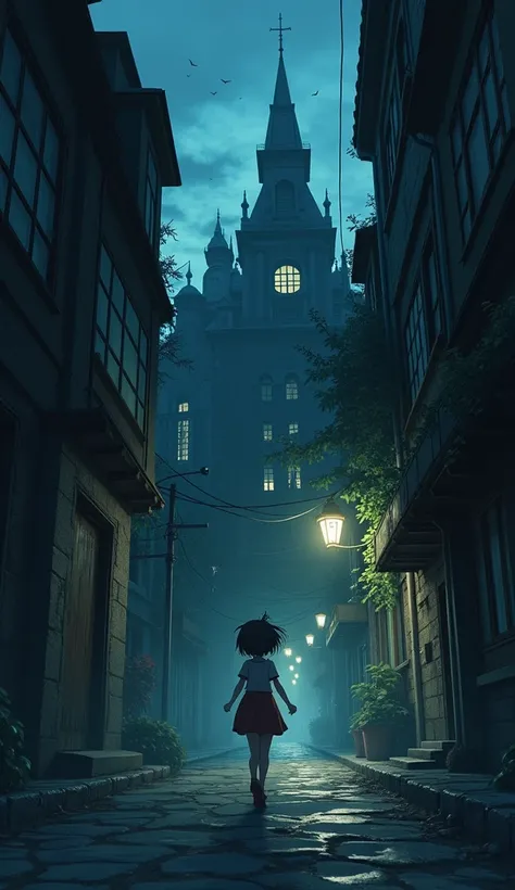 anime, night, girl finding , library, street, creepy