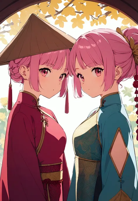 A cute pink-haired girl wearing a Vietnamese ao dai and a conical hat