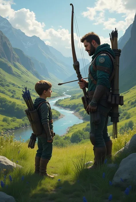 Realistic image of  hawkeye teaching his son archery in a green feild with bow and arrows . Background is a green feild and mountains and river.