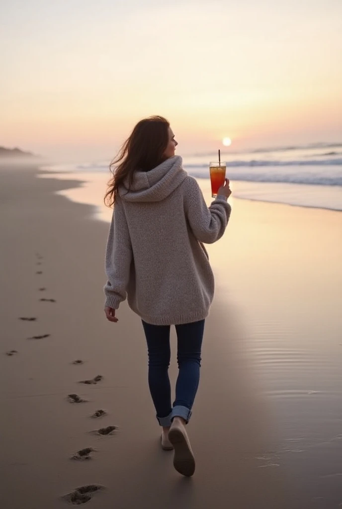 Selfie portrait of walking along a deserted, misty beach at sunrise, leaving footprints in the sand. Wearing a cozy, oversized sweater and wrapped in a chunky knit scarf. The soft pastel tones of the sky are reflected in the water, creating a feeling of tr...