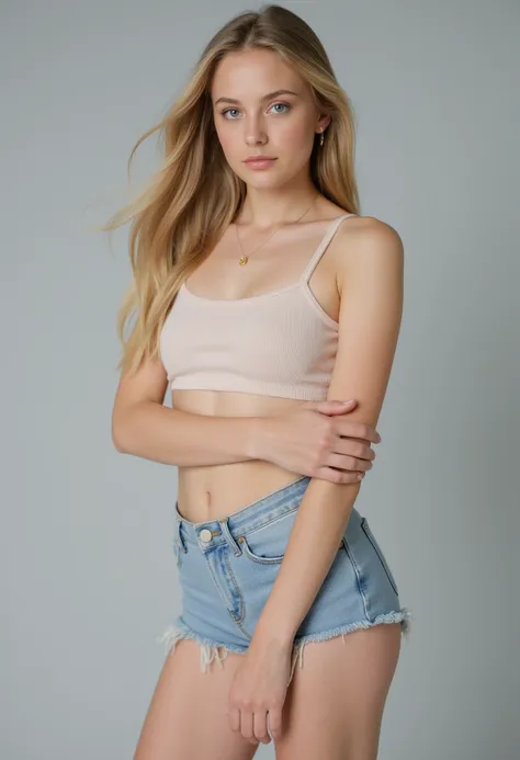 Belle fille blonde en crop top et short dans un fond gris