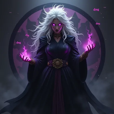 a malignant witch with purple eyes and white, disheveled hair, "DMG" text, team logo for game, digital art, highly detailed, cinematic lighting, dramatic composition, fantastical, dark fantasy, moody atmosphere, high contrast, muted color palette