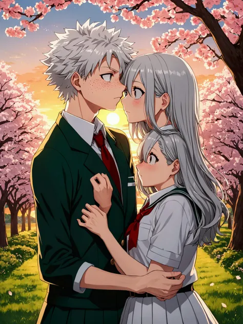 Grey haired girl,  her skin is white with small freckles ,  his hair is short and wavy ,  Your body is slim and is embracing Bakugou Katsuki from Boku No Hero Academia both wearing school uniforms, while they are under cherry trees at sunset  