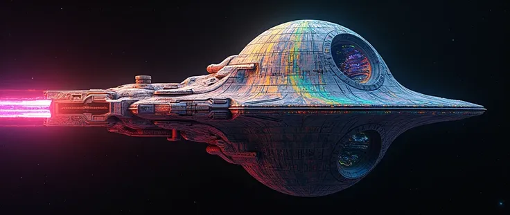 Death star with giant futuristic rifle barrel at the barrel, covered in rainbow batik pattern and glowing rainbow rune symbols