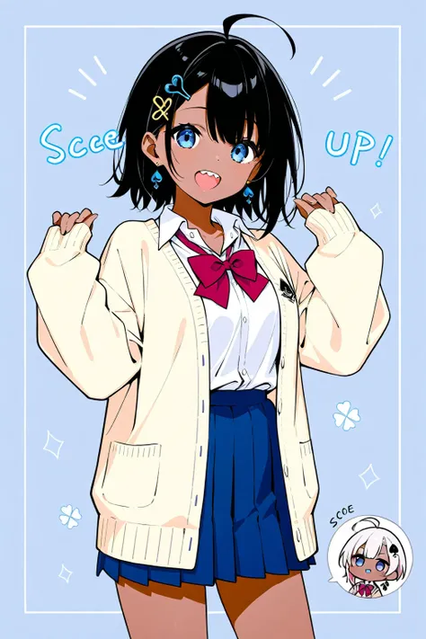 High image quality
 Female High School、Blue Eyes、 black hair、 semi-long、Ahoge、 asymmetrical bangs , 、front、 school uniform、Simple eyes、solo, whole body、Background white、Standing、Fancy earrings、spade-shaped hairpin、 short skirt、 brown skin 、Energetic 、Doubl...