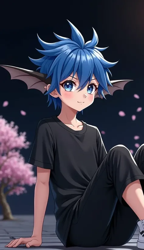 A boy. The image is a digital illustration of a persons face. The person has blue hair that is styled in a spiky manner with two large, pointed vampire ears on either side of their head. The ears are black and appear to be something like gray color. They a...