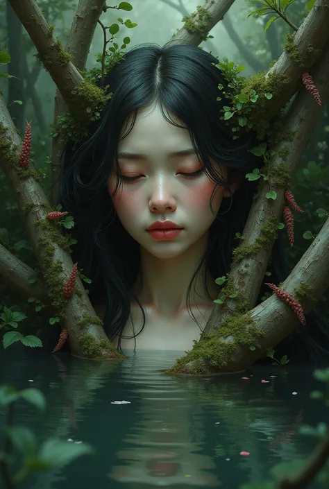 Make a woman with elements of nature for a cover, but like shes crying, her body being tamed by logs and water, her head being a forest. 
