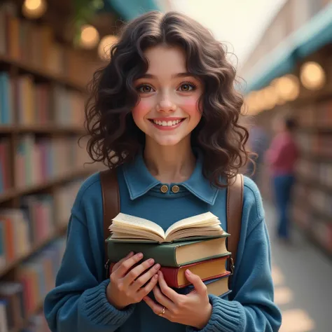  Teenage girl with curly dark brown hair ,  dressed in a blue collar sweater ,  with a smile on her face and with some books in her hands, In the background a book fair  