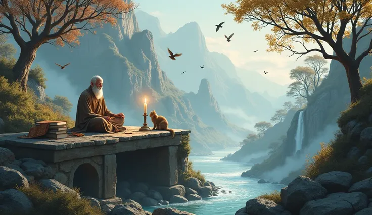 generate a person meditating on an ancient mountain next to a table with books and an ancient candle with a cat and in front there is a waterfall and brown birds flying with dry trees on one side and mature trees on the other