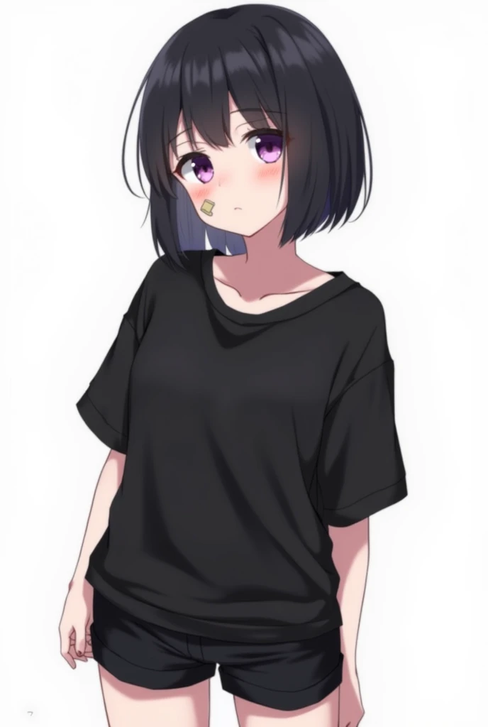 Anime girl, 25 years, purple color eyes. wearing a oversized black t-shirt, short black hair, wearing black shorts, wearing a small band-aid in the face, white background.