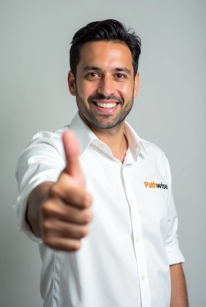 A person with a thumb up posing for a photograph wearing a white shirt with the name of their company called: Pathwise  (Just the name ).