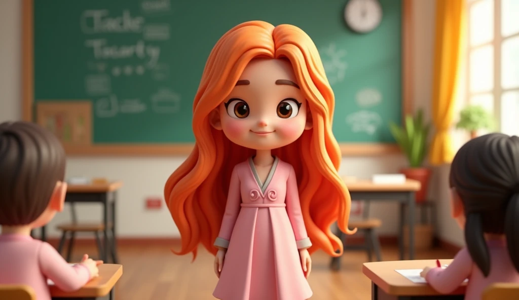  Teacher with long hair in class, wearing a light pink tunic , 3d chibi animation style