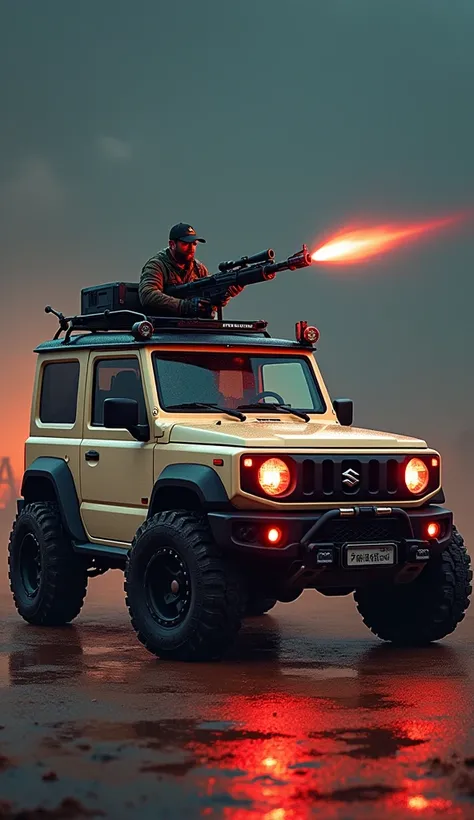 Suzuki Jimny,JB64,Convertible car specifications,Ivory color , wheels with spines ,Machine Gun Mounted , rocket launcher targeted by special forces ,sunroof, Car with Wings , equipped with a ray gun emitting a red beam ,The background is a battlefield, DJ ...