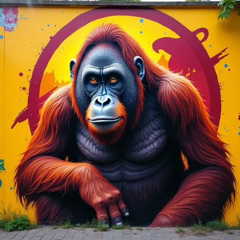 Cool graffiti in gold color with tapanuliid orangutan , background logo lingkaran listrik bergambar orang hutan