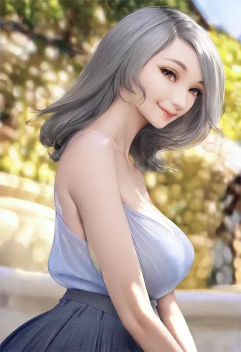 beautiful matronly woman with abnormally huge round breasts, (((thin body))), pleasant smile, vibrant flare skirt meztelen shoulder-length gray hair, realistic profile view, looking directly at the camera, her breasts are huge, bulging, and well-rounded