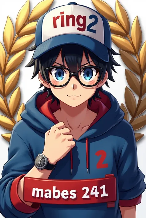 "A young, determined anime-style character wearing a baseball cap with the text RING 2 prominently displayed. The character has large, expressive blue eyes behind black-framed glasses, with dark hair partially visible under the cap. Hes wearing a blue and ...