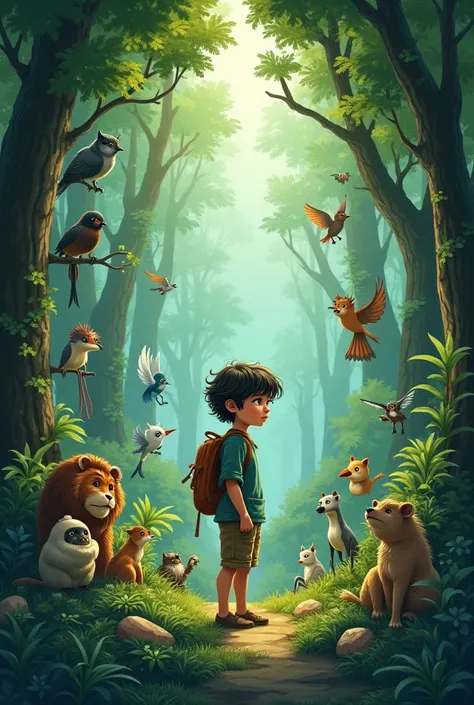 masterpiece,  better quality,  illustration, boy,  dark hair , the forest, animals, birds