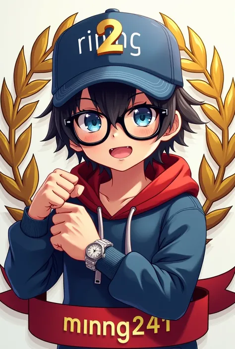 "A young, determined anime-style character wearing a baseball cap with the text RING 2 prominently displayed. The character has large, expressive blue eyes behind black-framed glasses, with dark hair partially visible under the cap. Hes wearing a blue and ...