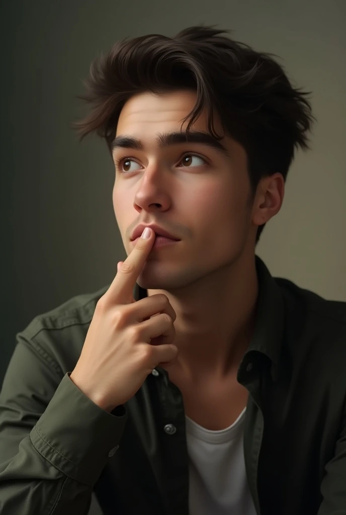 A young man thinking about something with finger on his chin and looking upside