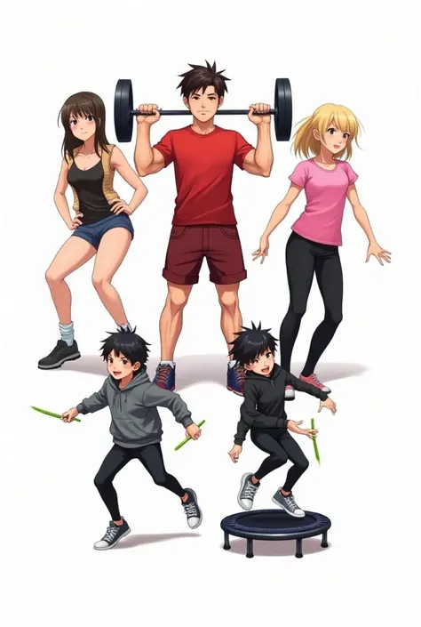 promotional poster, bright colors, best quality, masterpiece, plain white background, modern anime characters, group image of four people. two men and two women, different dynamic action poses, happy faces, extremely energetic, looking front, first handsom...