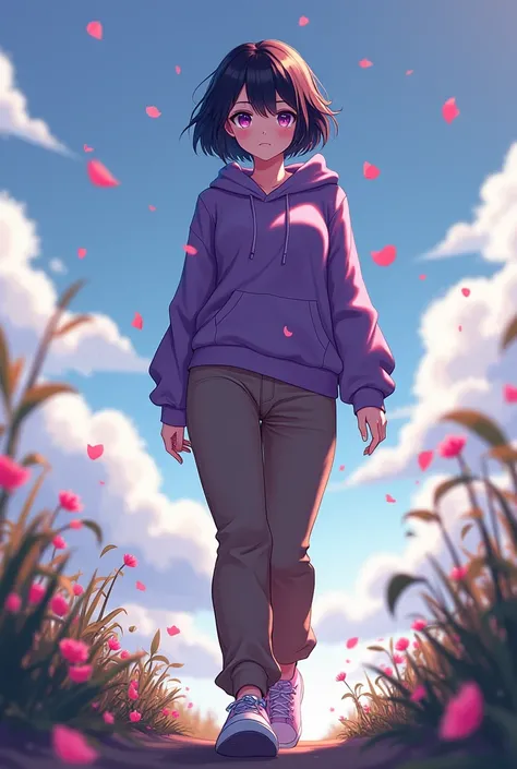 master part, absurdities, Hinata(boruto), 1girl, Alone,Mature female, Purple hood, layered sleeves , pink underwear,  outdoor, Cloudy sky, perfect composition, circumstantial lips,  big breast , beautiful face, body propotion, Blush, (pink lips),  short bl...