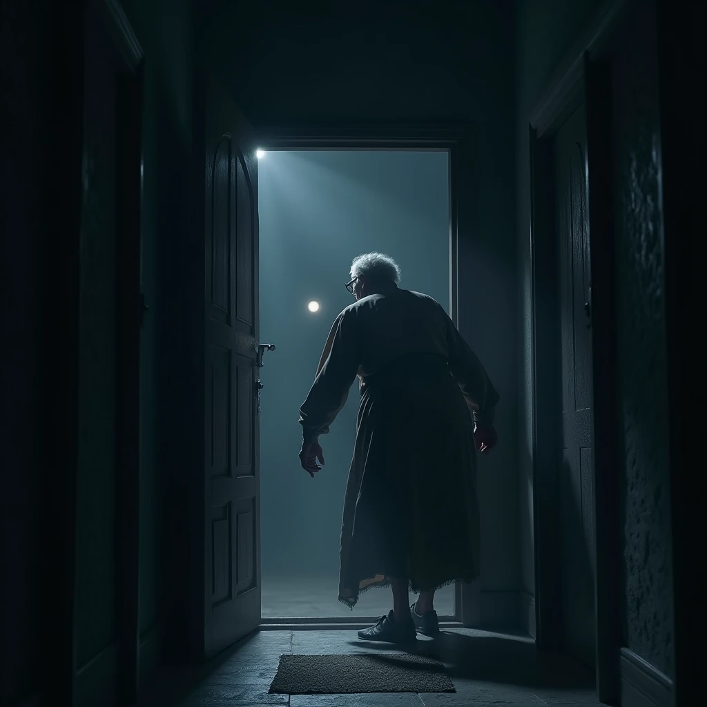 "Dadaji slowly opens the door to the haunted room. It’s midnight, and the hallway behind him is dark and silent. Inside, the room is cold and filled with an eerie silence. A faint, cold mist seems to surround the doorway."