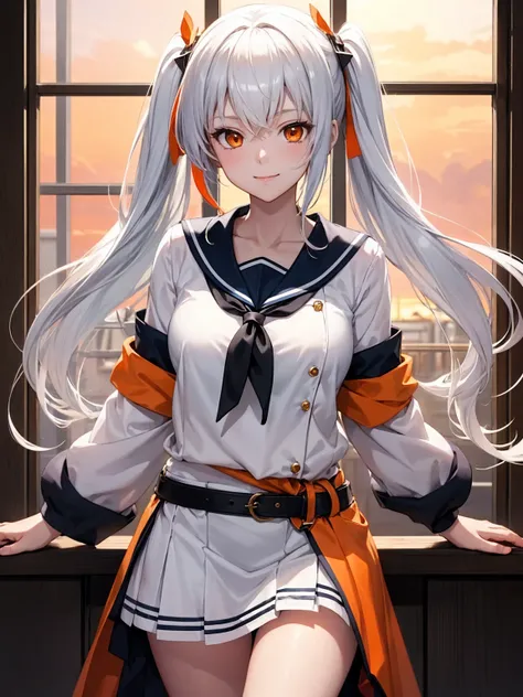 a woman, long hair styled in two ponytails tied with electric blue ribbons, white hair with orange streaks and a subtle sky-orange tint at the tips, ambar eyes, subtle smile,  Anime girl with long white hair and orange top posing in front of a window, Kant...