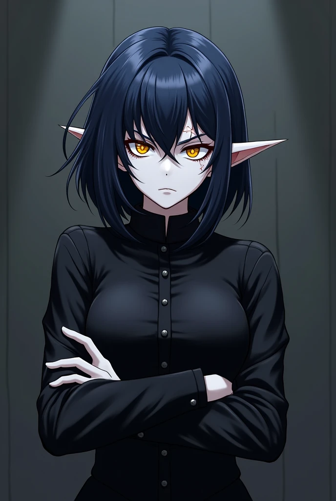  dark elf with short dark blue hair at shoulder height,  Yellow Eyes ,  a scar on her left eye , pale skin, black clothes,  with arms crossed . Annoying facial expression . Style anime