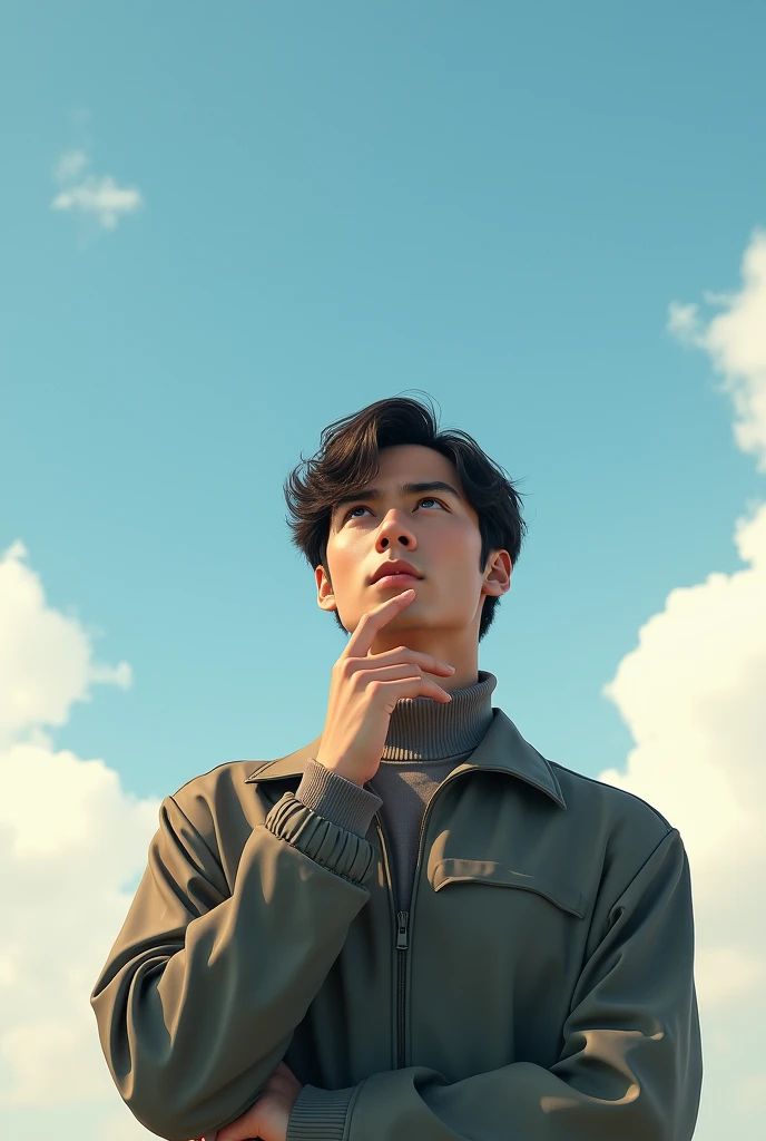 A young man extremwly thinking about something with finger on his chin while looking at sky