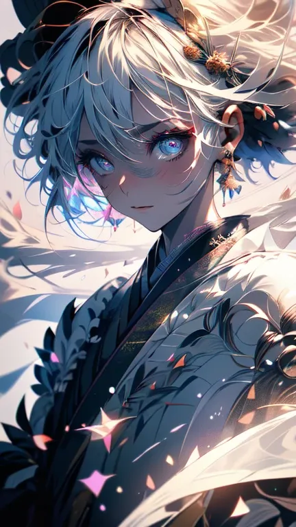  1 girl, Alone, White Hair, turn around, Kimono,   glitter effect, Streaks of light、Emphasis on light and shadow, Thick Line, Blur,  anatomically correct,  HIGH DETAILS,  Looking , shade-enhancing ,  contrast , Sparkle,  upper body,  Hi-Res,  best quality,...