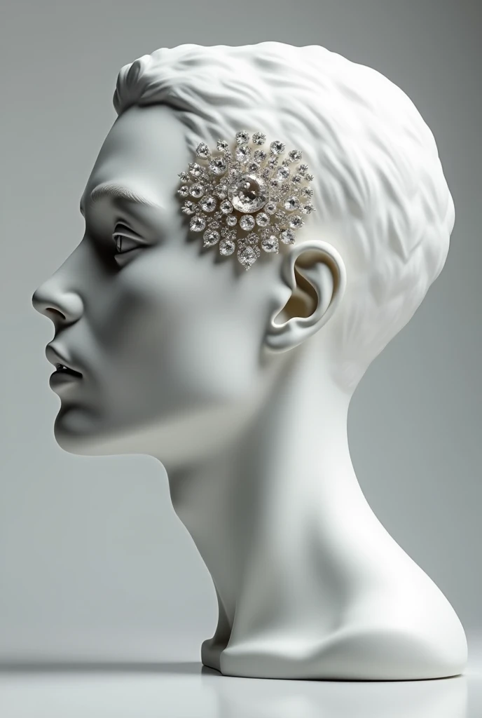 Male male face made of porcelain with many rough diamonds encrusted in the middle of the face in profile